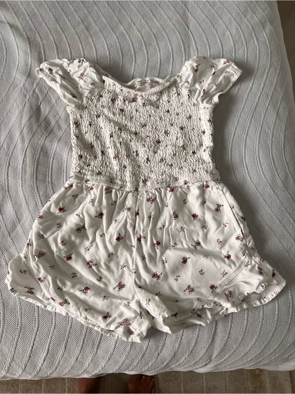 abercrombie kids White Smocked Romper with Small Pink Floral Accents